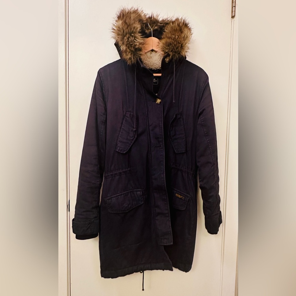 Abercrombie & Fitch Women Parka / Coat Faux Fur Lined Hooded Winter Navy SZ M
